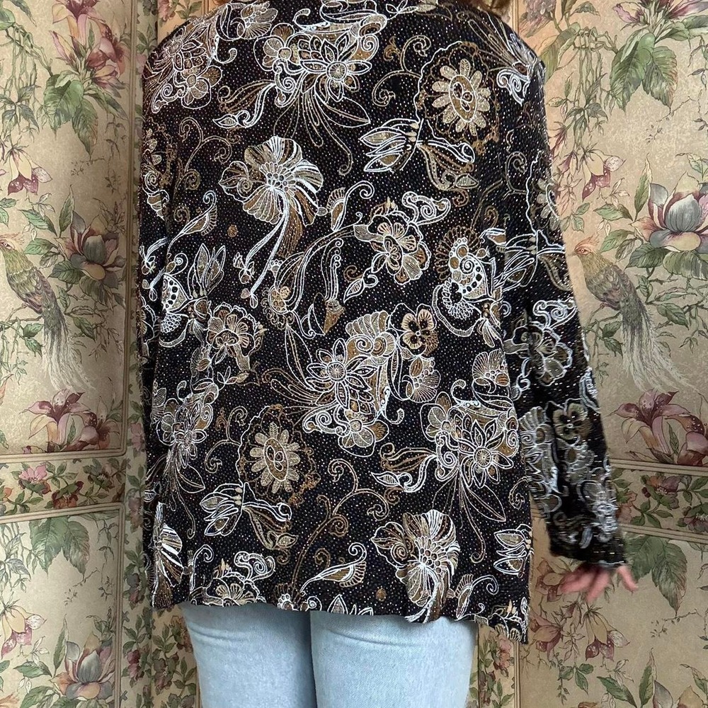 Helene Blake Vintage 80s Sparkly Floral Blouse Shoulder Pads Brown Plus Size 3X